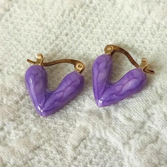 Purple Enamel Heart Hoop Earrings Cute Small Artsy Colorful Love Fun Gold Petite - Picture 1 of 7